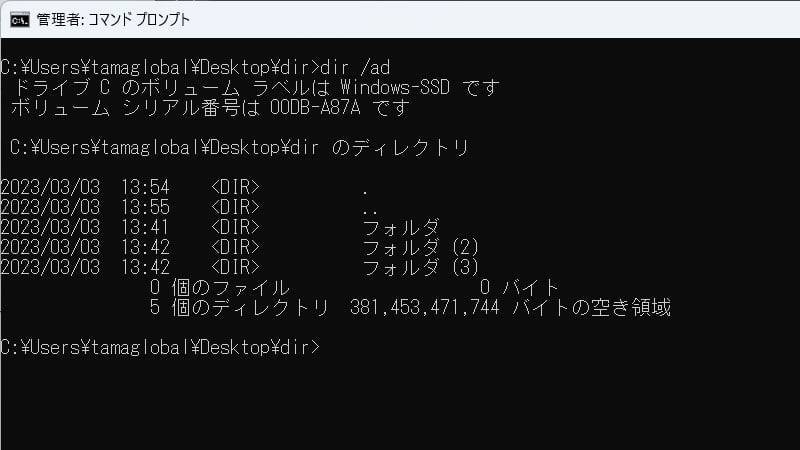 dir フォルダ名のみ表示した画像