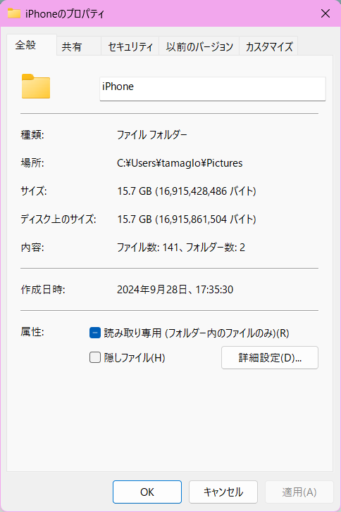 エクスプローラーのプロパティの画像