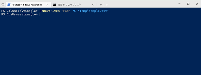 Remove-Itemコマンドでファイルを削除する画像