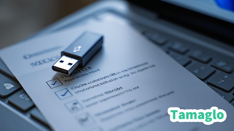 クリーンインストール前に確認すべき項目(USB・バックアップ・TPMなど)をチェックリスト形式で示した図解