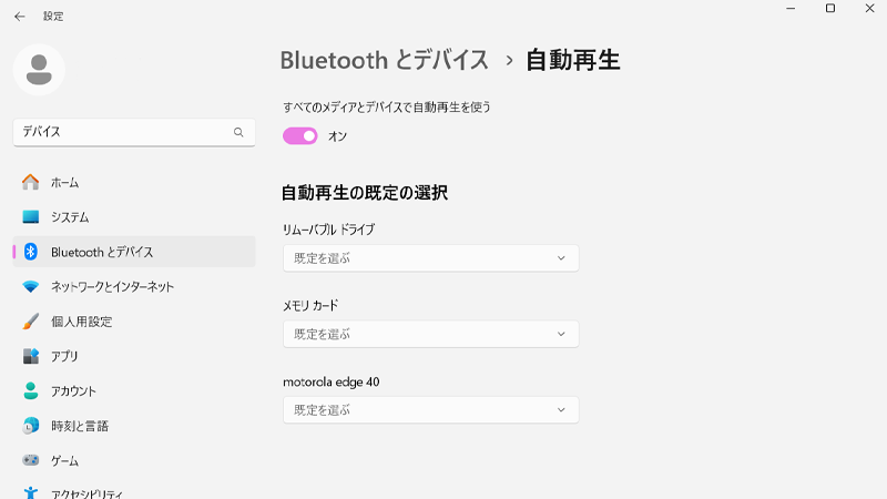 Bluetoothとデバイス内の自動再生項目をチェックする画像
