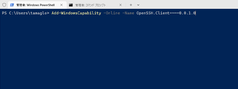 PowerShellを使ってOpenSSHをインストールするコマンドを実行する画像