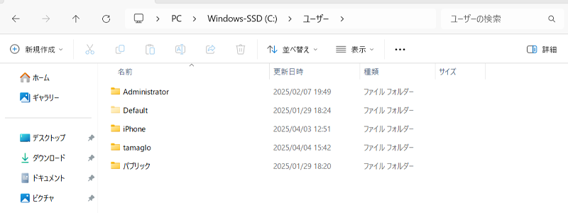 ユーザーフォルダ内のフォルダ・ファイルのバックアップ画像