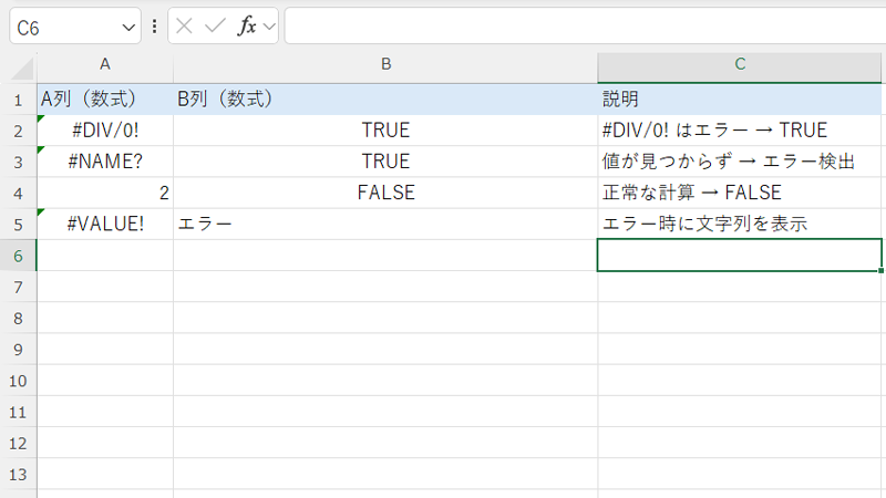 ISERROR関数とサンプルの使用例。TRUE、FALSE、エラー文字列表示など状況に応じて表示可能