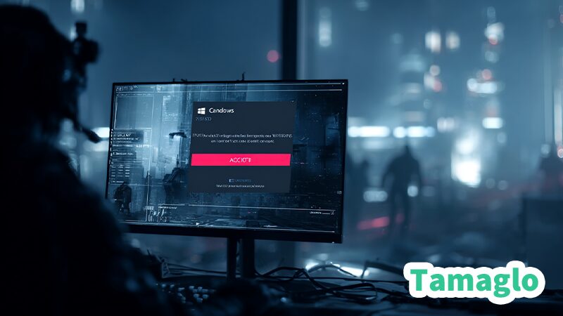 Windows11のデスクトップで、ゲーム中に突然システムエラーが表示されて驚くユーザーのイメージ。KB5063060アップデートにより修正されたEasy Anti-Cheat関連の不具合を表現。
