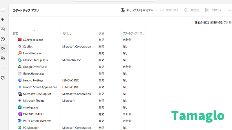 Windows 11のタスクマネージャー、スタートアップタブに表示されたアプリ一覧。状態が“無効”で、起動への影響度が確認できる