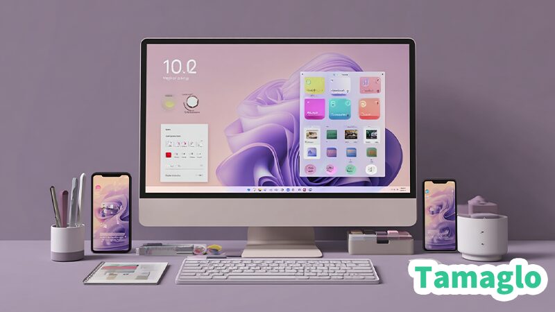 Windows 11のデスクトップをおしゃれにカスタマイズした例。ミニマルな壁紙、整然としたアイコン、サイドにウィジェットを配置したモダンなレイアウト。