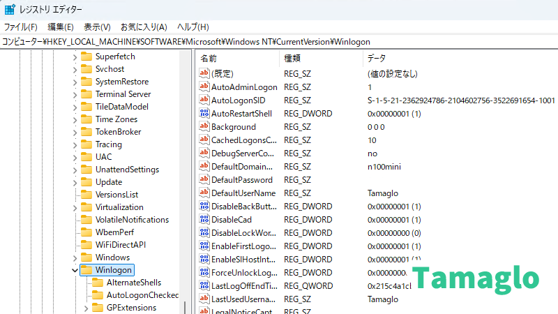 レジストリで自動ログインの設定する画面