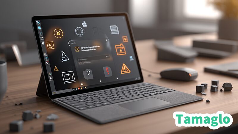 Windows 11アップデートのインストールエラーが表示されたノートPCと、警告アイコンが画面上に浮かぶシーン