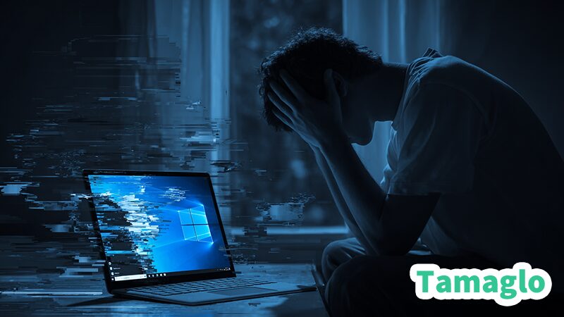 Windows 11の更新プログラム適用中にブルースクリーンが発生し、ユーザーが頭を抱えている様子を描いたイラスト