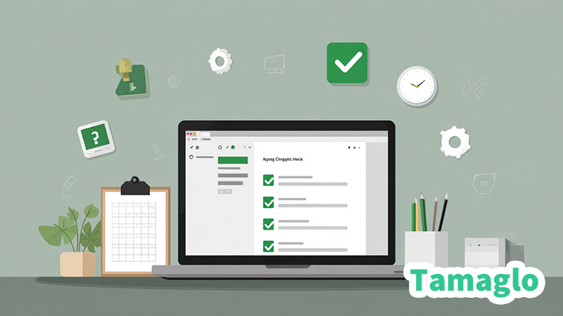KB5060842に関する確認項目が並ぶチェックリストのイメージ(Windows 11スタイルのノートPC画面)