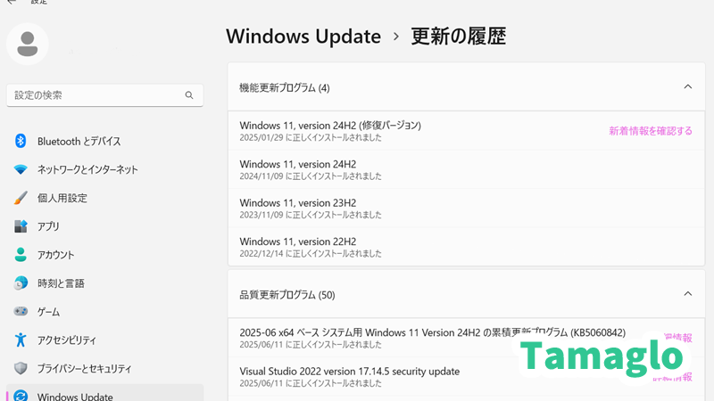 日本時間6月11日にWindowsアップデート(KB5060842)を適用して最新の状態を示した画像