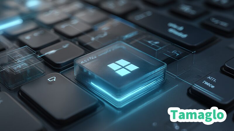 Windows11のデスクトップ画面とショートカットキー「Win + D」「Ctrl + C」「Alt + Tab」などの操作が視覚的に表示されたモダンなキーボードと背景