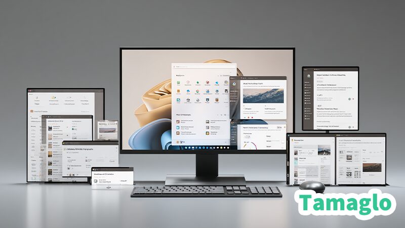 Windows11のタスクバーが上・左・右・複数モニターにそれぞれ配置されているデスクトップの概念図。さまざまな配置パターンを視覚的に表現。