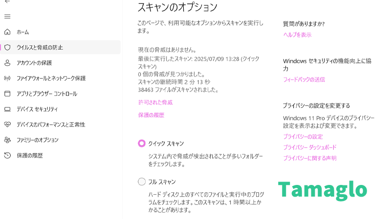 スキャンのオプションからフルスキャンを選択してウイルスチェックを行うスクリーンショット
