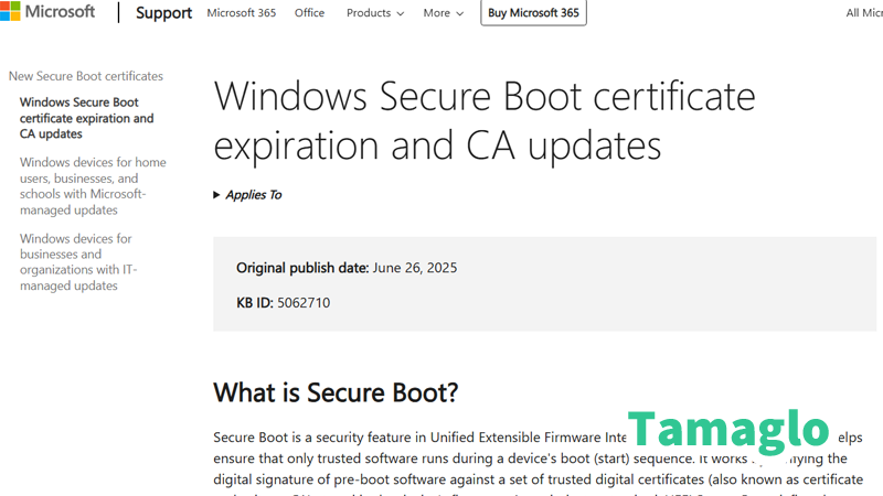 2026年6月にセキュアブートの証明書が切れるので更新を促してるスクリーンショット