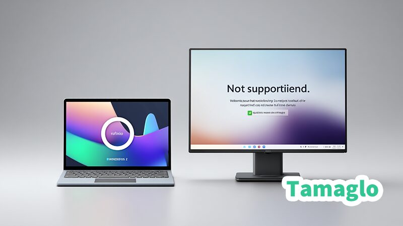 Windows 11で自動回転に対応するノートPCと、非対応のデスクトップPCを比較して表示しているイラスト
