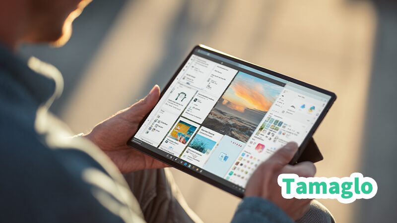 Windows 11搭載の2-in-1ノートPCを回転させ、画面UIが縦から横に切り替わる様子を表したイラスト