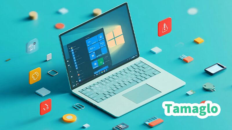 Windows 11ノートPCの周囲に「バッテリー切れ」「ケーブル不良」「GPUエラー」「システムクラッシュ」を表すアイコンが並んだイラスト