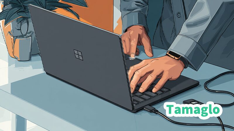 Windows 11ノートPCで電源アダプタやバッテリー接続を確認し、ケーブルを差し直している様子を描いたイラスト