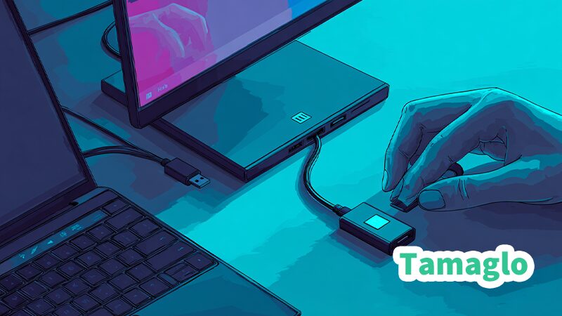 Windows 11ノートPCと外部モニターをHDMIケーブルで接続し、ケーブルの抜き差しやポート確認をしている様子を描いたイラスト