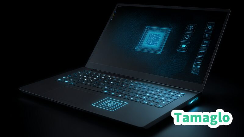 NPUを備えたラップトップとAI機能アイコン(画像検索・抽出・セマンティック分析・設定)