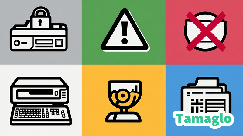 DRM/HDCP再生エラー、WUSA共有実行失敗、FAXモデム非対応、印刷プレビュー固まる——4つの注意点を並べた警告パネル